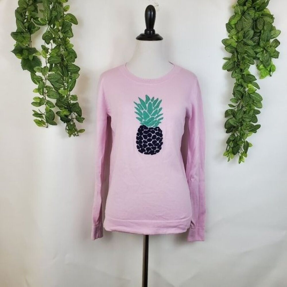 J. Crew Lilac Pineapple Teddie Boat Neck Sweater XS X-SMALL Green Navy Pink